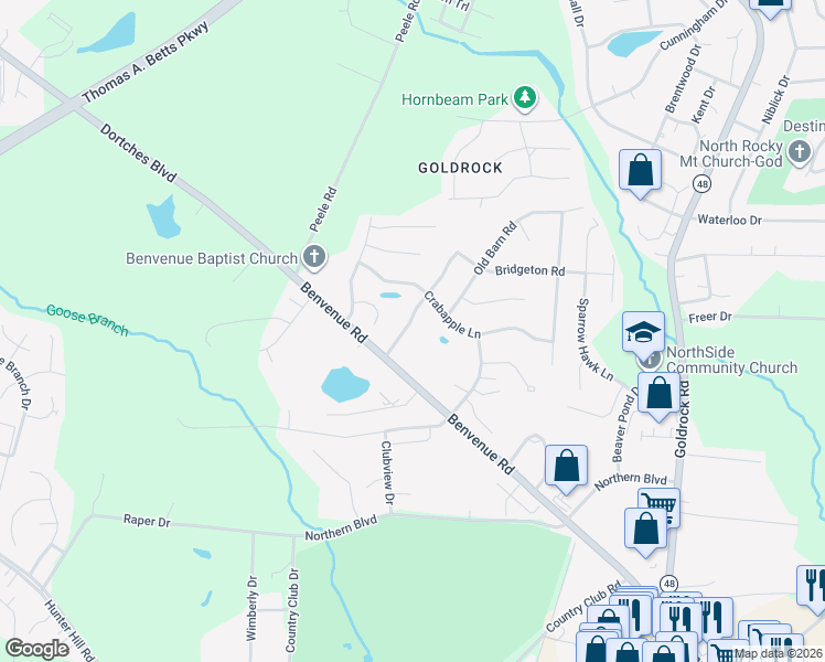 map of restaurants, bars, coffee shops, grocery stores, and more near 1521 Winterberry Drive in Rocky Mount