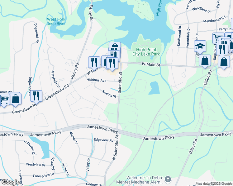 map of restaurants, bars, coffee shops, grocery stores, and more near 214 Scientific Street in Jamestown