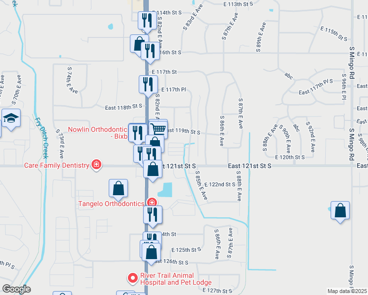 map of restaurants, bars, coffee shops, grocery stores, and more near 11933 83rd East Place in Bixby