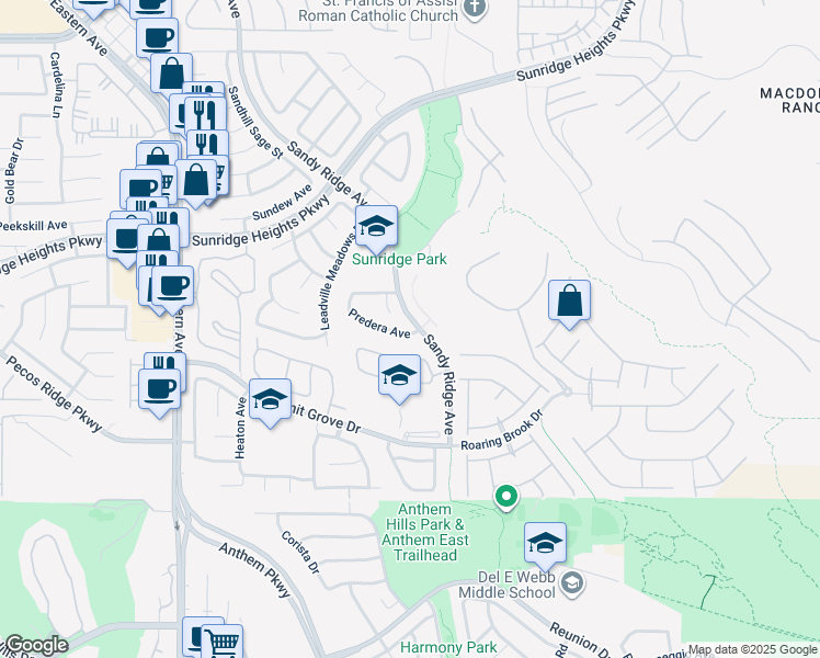 map of restaurants, bars, coffee shops, grocery stores, and more near 2388 Predera Avenue in Henderson