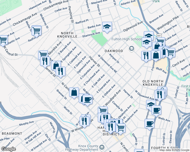 map of restaurants, bars, coffee shops, grocery stores, and more near 320 East Churchwell Avenue in Knoxville