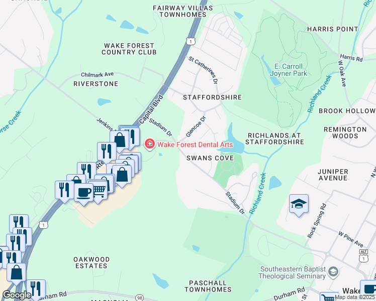 map of restaurants, bars, coffee shops, grocery stores, and more near 881 Drogheda Place in Wake Forest