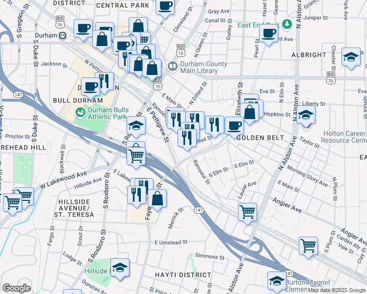 map of restaurants, bars, coffee shops, grocery stores, and more near 705 Ramseur Street in Durham