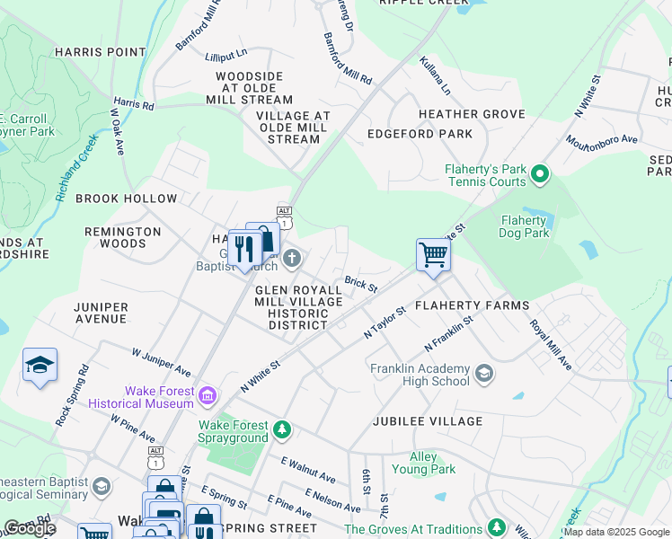 map of restaurants, bars, coffee shops, grocery stores, and more near 811 Brewer Avenue in Wake Forest