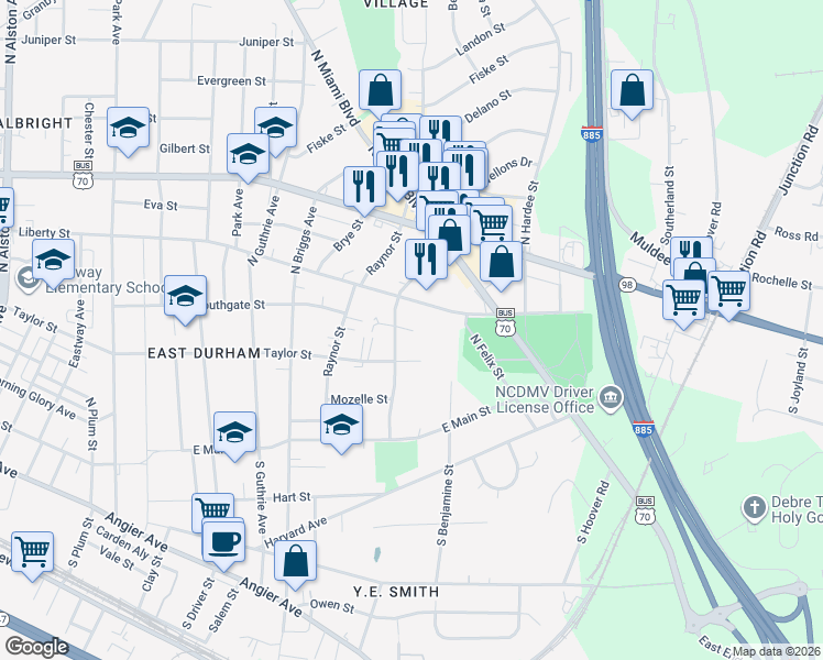 map of restaurants, bars, coffee shops, grocery stores, and more near 2410 Quincy Street in Durham