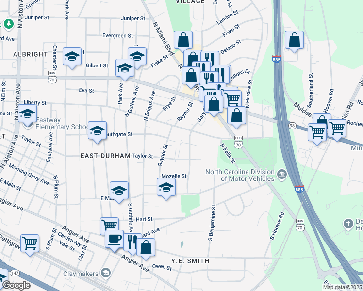 map of restaurants, bars, coffee shops, grocery stores, and more near 2314 Quincy Street in Durham