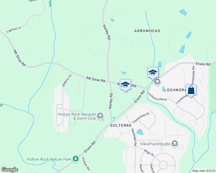 map of restaurants, bars, coffee shops, grocery stores, and more near 5935 Mount Sinai Road in Durham
