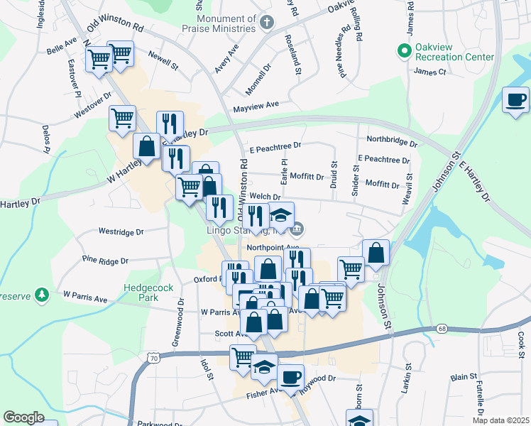 map of restaurants, bars, coffee shops, grocery stores, and more near 209 Williford Court in High Point