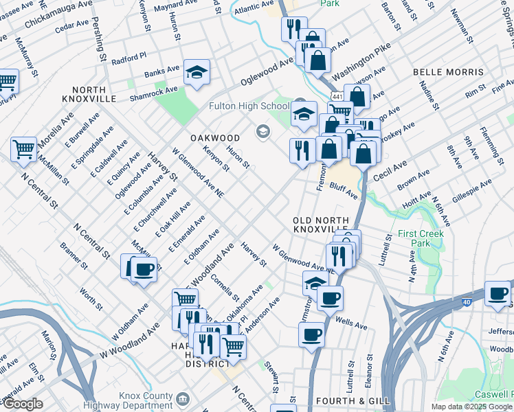 map of restaurants, bars, coffee shops, grocery stores, and more near 727 East Woodland Avenue in Knoxville