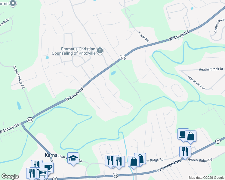 map of restaurants, bars, coffee shops, grocery stores, and more near 7541 Copper Lantern Drive in Knoxville
