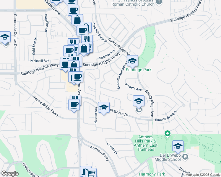 map of restaurants, bars, coffee shops, grocery stores, and more near 2480 Lower Meadows Ave in Henderson