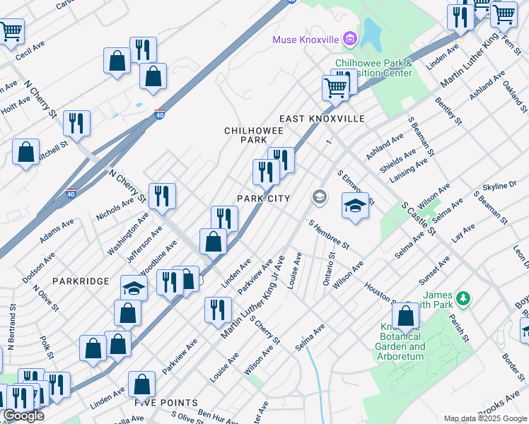 map of restaurants, bars, coffee shops, grocery stores, and more near 2730 East Magnolia Avenue in Knoxville