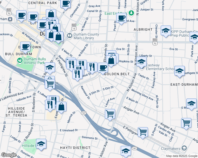 map of restaurants, bars, coffee shops, grocery stores, and more near 804a Angier Avenue in Durham