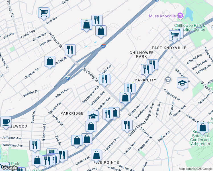 map of restaurants, bars, coffee shops, grocery stores, and more near 2611 Jefferson Avenue in Knoxville