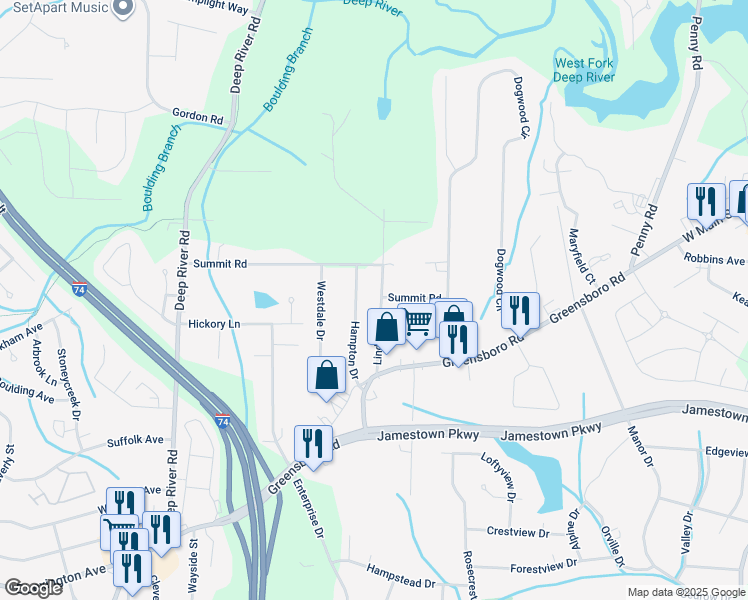 map of restaurants, bars, coffee shops, grocery stores, and more near 208 Hampton Drive in High Point