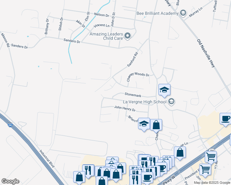 map of restaurants, bars, coffee shops, grocery stores, and more near 1070 Stonemark Trail in La Vergne