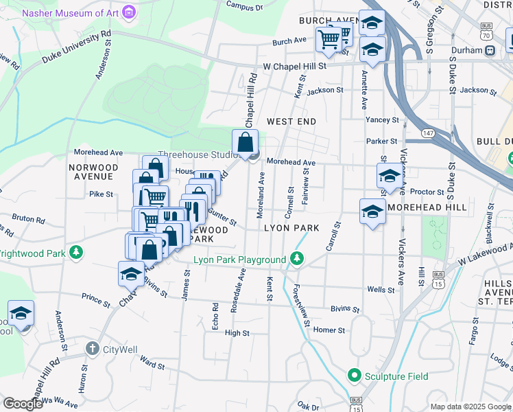 map of restaurants, bars, coffee shops, grocery stores, and more near 1034 Moreland Avenue in Durham