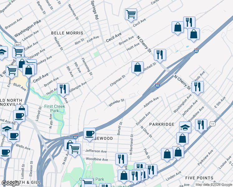 map of restaurants, bars, coffee shops, grocery stores, and more near 2105 Mitchell Street in Knoxville