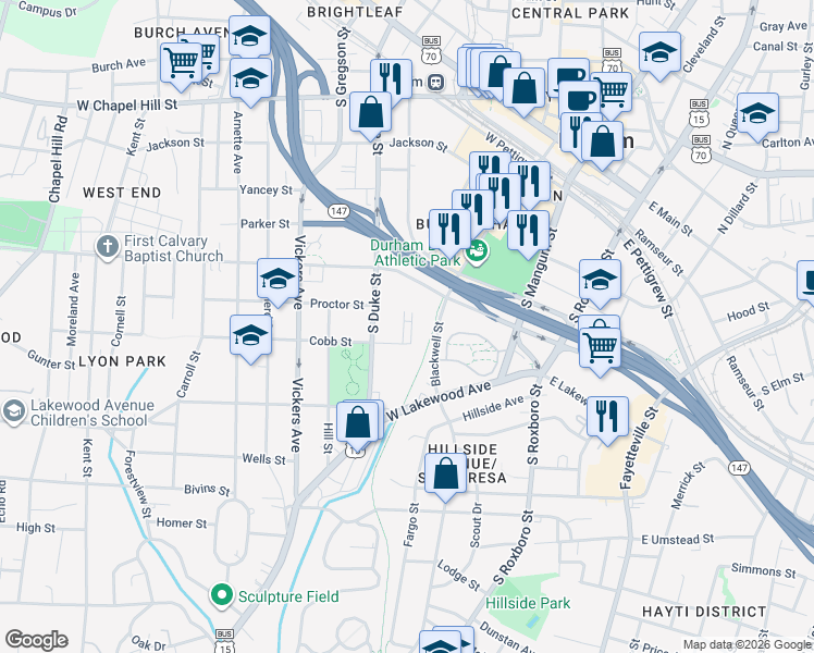 map of restaurants, bars, coffee shops, grocery stores, and more near 741 Willard Street in Durham