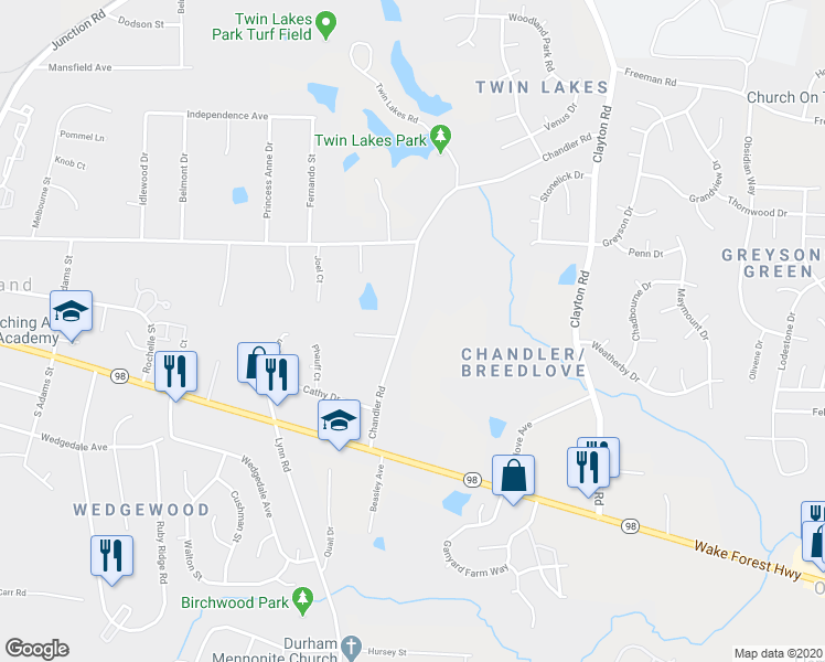 map of restaurants, bars, coffee shops, grocery stores, and more near 306 Chandler Road in Durham