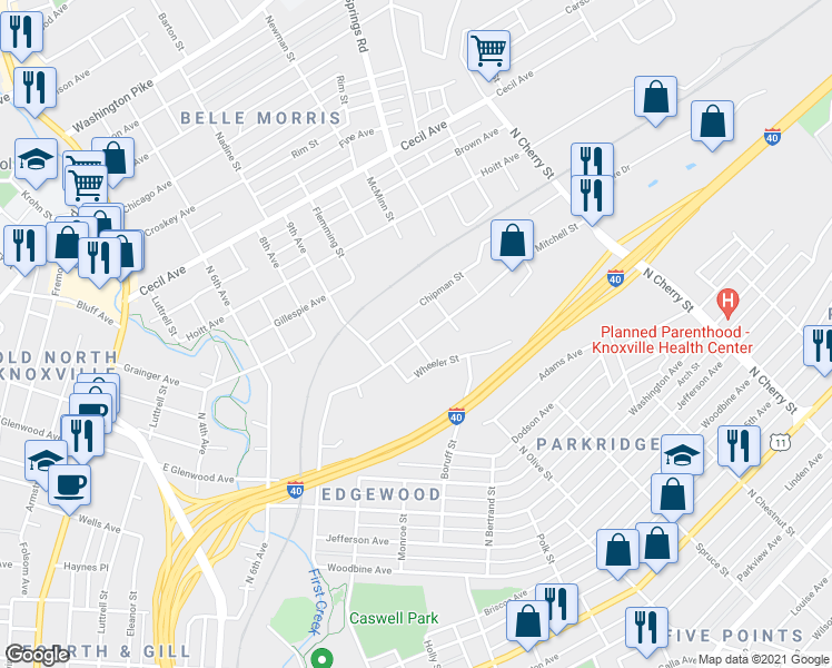 map of restaurants, bars, coffee shops, grocery stores, and more near 2101 Mitchell Street in Knoxville