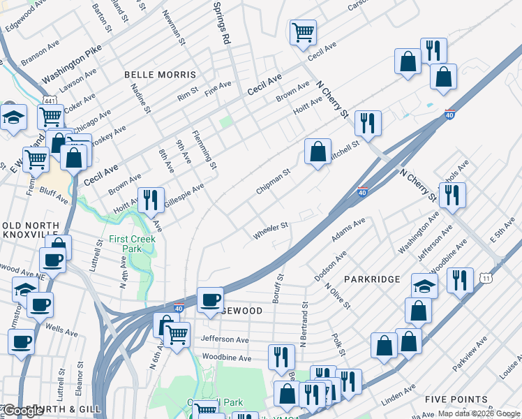 map of restaurants, bars, coffee shops, grocery stores, and more near 2105 Mitchell Street in Knoxville