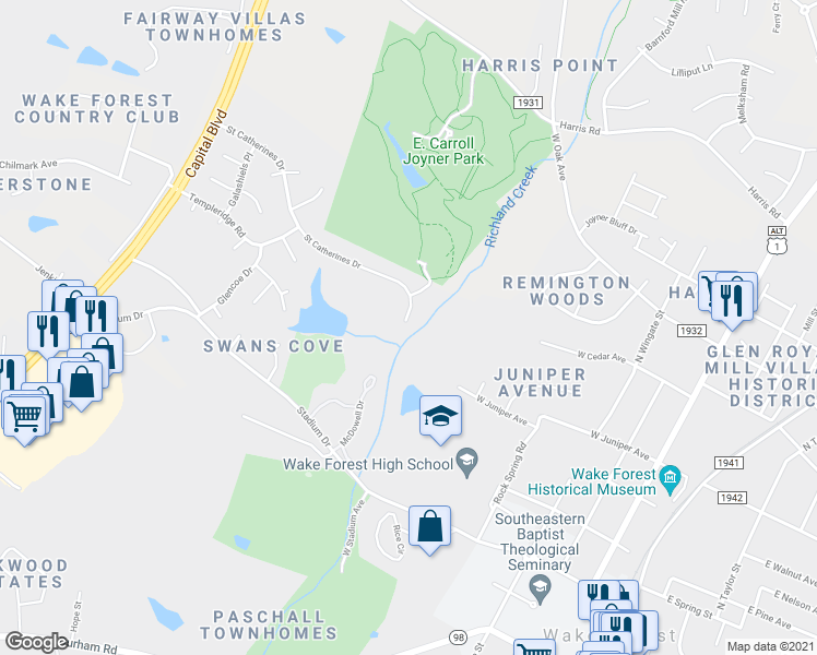 map of restaurants, bars, coffee shops, grocery stores, and more near 604 Saint Catherines Drive in Wake Forest