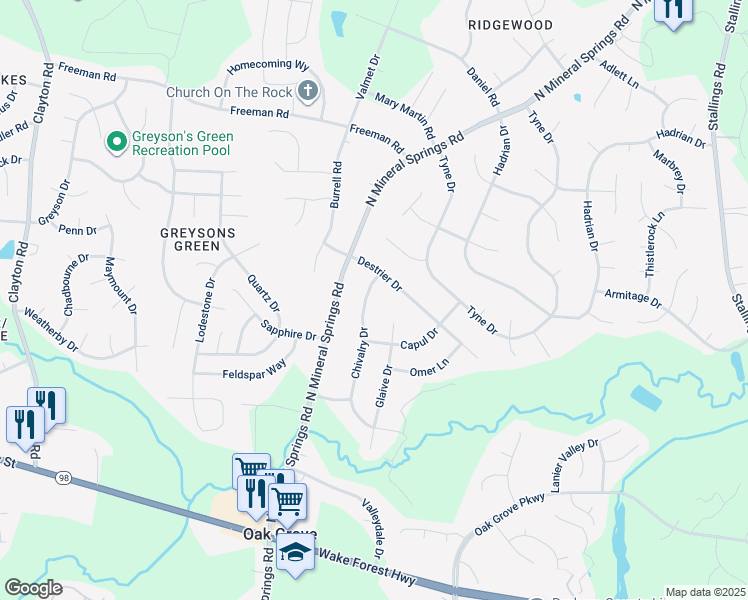 map of restaurants, bars, coffee shops, grocery stores, and more near 610 Chivalry Drive in Durham