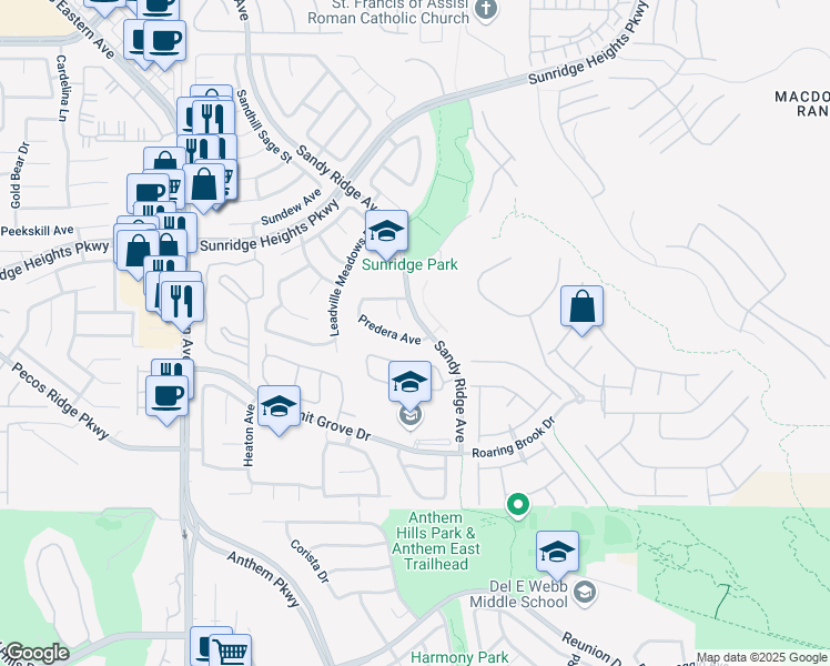 map of restaurants, bars, coffee shops, grocery stores, and more near 2392 Predera Avenue in Henderson