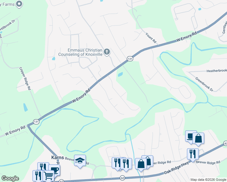 map of restaurants, bars, coffee shops, grocery stores, and more near 7025 Westerly Winds Road in Knoxville
