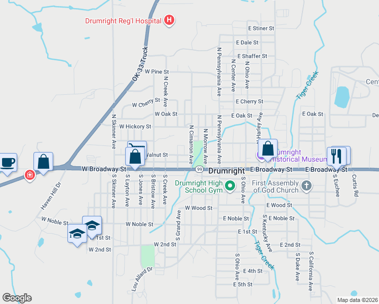 map of restaurants, bars, coffee shops, grocery stores, and more near 201 North Cimarron Avenue in Drumright