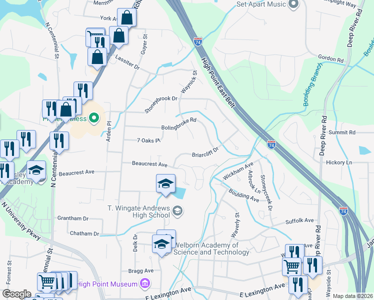 map of restaurants, bars, coffee shops, grocery stores, and more near 2013 Briarcliff Drive in High Point