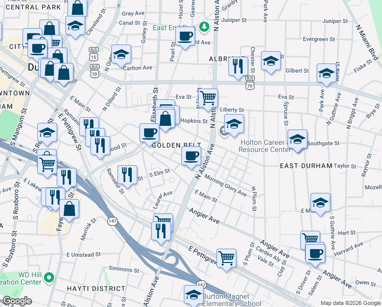 map of restaurants, bars, coffee shops, grocery stores, and more near 1101 Worth Street in Durham