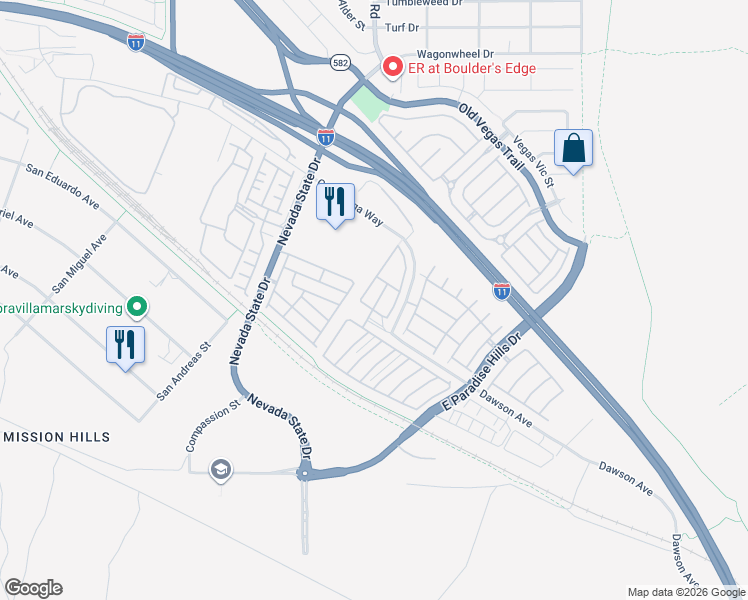 map of restaurants, bars, coffee shops, grocery stores, and more near 1097 Paradise Coach Drive in Henderson