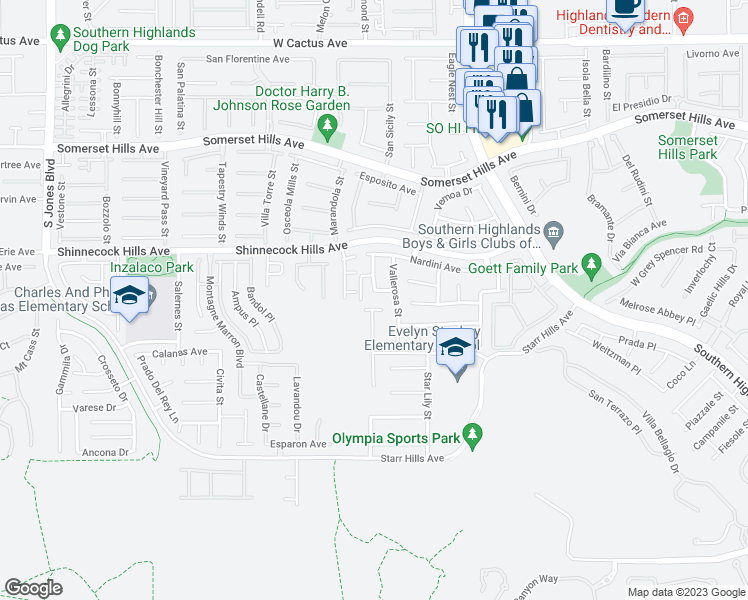 map of restaurants, bars, coffee shops, grocery stores, and more near Saddle Creek Court in Spring Valley