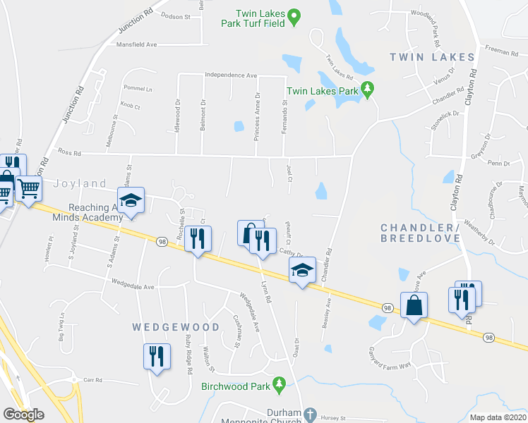 map of restaurants, bars, coffee shops, grocery stores, and more near 32 Jenee Lane in Durham