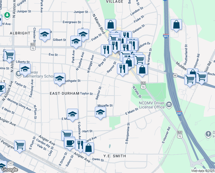 map of restaurants, bars, coffee shops, grocery stores, and more near 2314 Quincy Street in Durham