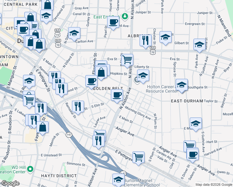 map of restaurants, bars, coffee shops, grocery stores, and more near 1101 Worth Street in Durham