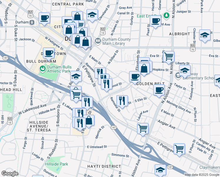 map of restaurants, bars, coffee shops, grocery stores, and more near 705 Ramseur Street in Durham