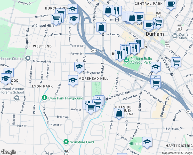 map of restaurants, bars, coffee shops, grocery stores, and more near 702 Cobb Street in Durham