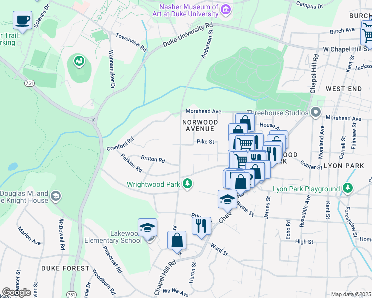 map of restaurants, bars, coffee shops, grocery stores, and more near 1103 Anderson Street in Durham