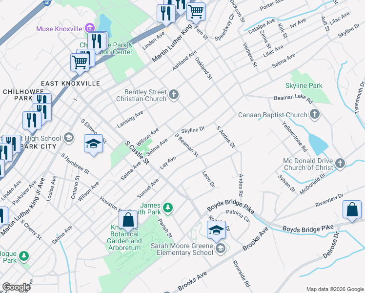 map of restaurants, bars, coffee shops, grocery stores, and more near 637 South Beaman Street in Knoxville