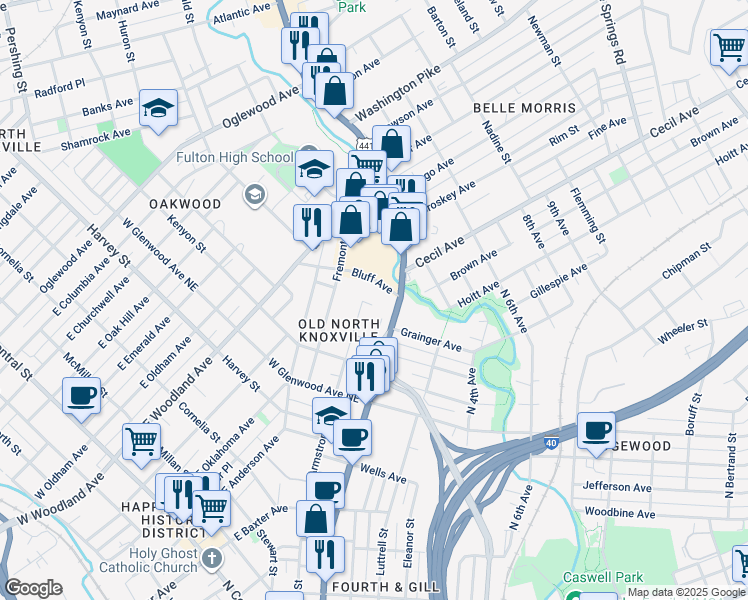 map of restaurants, bars, coffee shops, grocery stores, and more near 1412 Armstrong Avenue in Knoxville