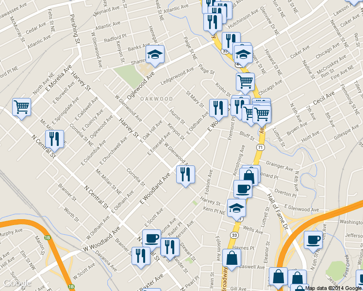 map of restaurants, bars, coffee shops, grocery stores, and more near 727 East Woodland Avenue in Knoxville