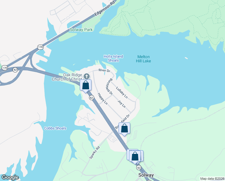 map of restaurants, bars, coffee shops, grocery stores, and more near 9120 Joy Lane in Oak Ridge