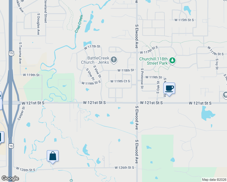 map of restaurants, bars, coffee shops, grocery stores, and more near 12008 South Tamarack Street in Jenks