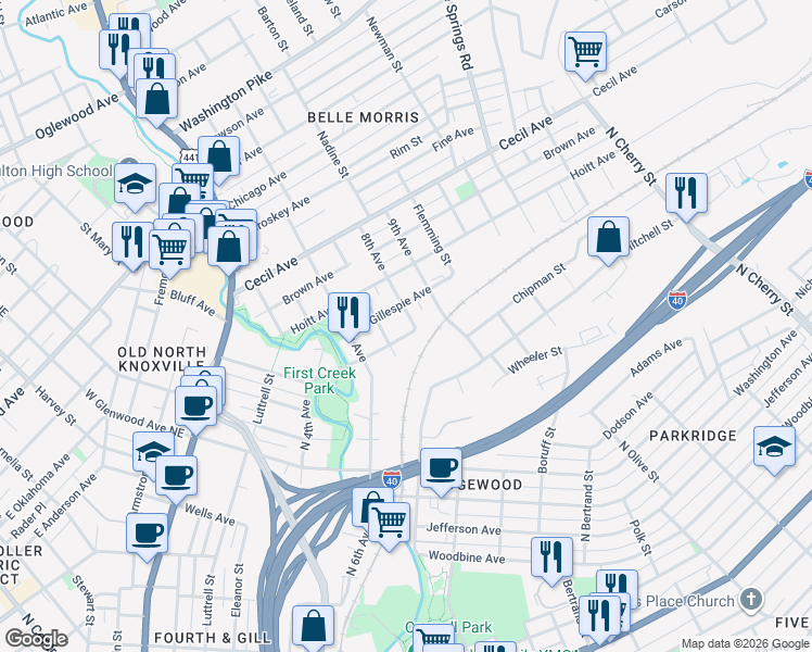 map of restaurants, bars, coffee shops, grocery stores, and more near 1723 Grainger Avenue in Knoxville