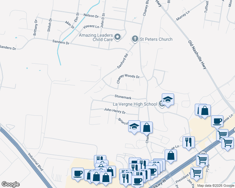 map of restaurants, bars, coffee shops, grocery stores, and more near 1053 Stonemark Trail in La Vergne
