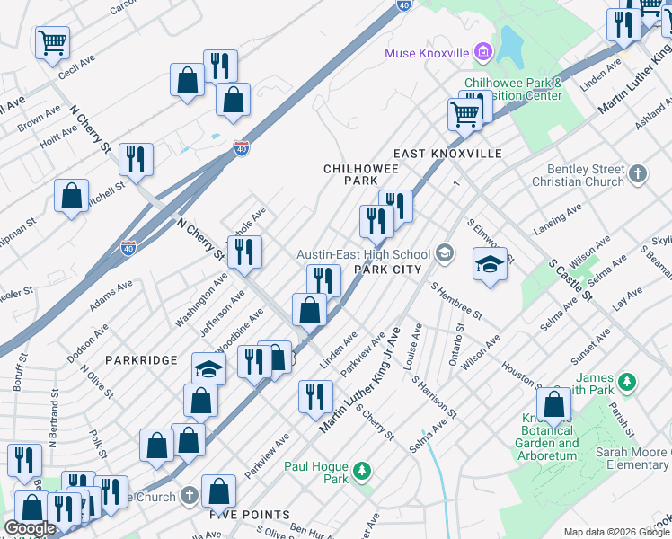 map of restaurants, bars, coffee shops, grocery stores, and more near 2710 East 5th Avenue in Knoxville