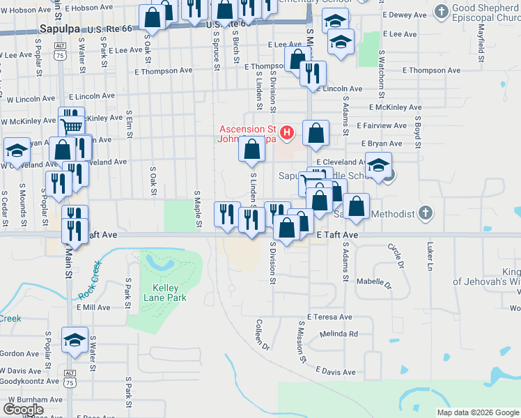 map of restaurants, bars, coffee shops, grocery stores, and more near 717 South Linden Street in Sapulpa